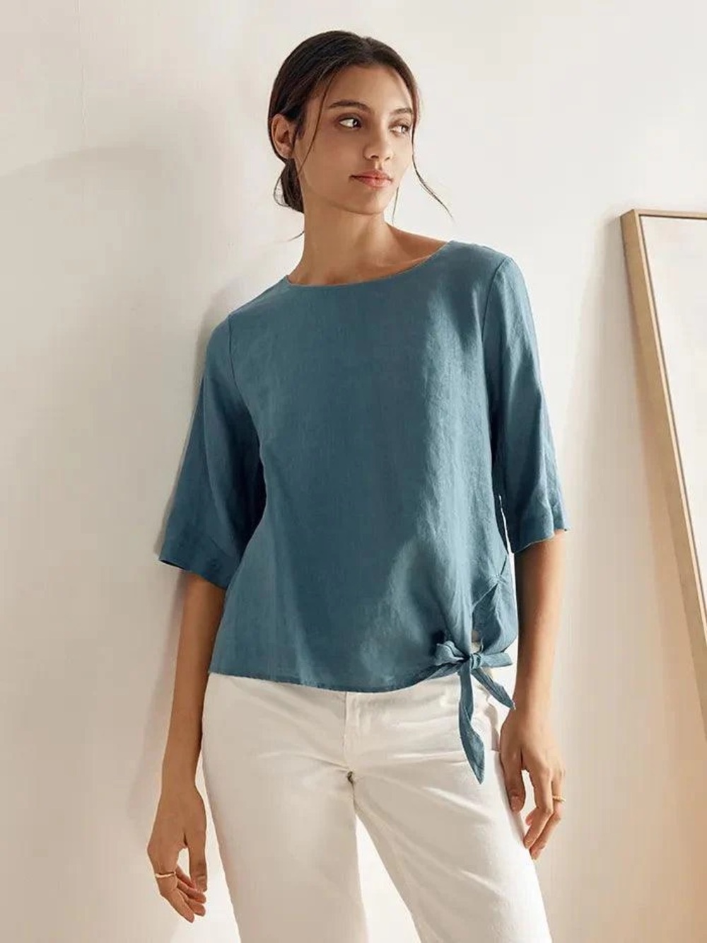 Lintico Womens Teal Tie-Hem Linen Top
